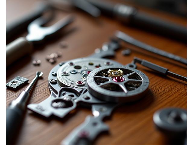 Watchmaker's tools and intricate watch components on a workbench