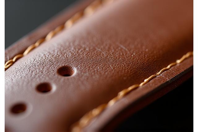 Close-up texture of genuine leather watch strap with fine stitching