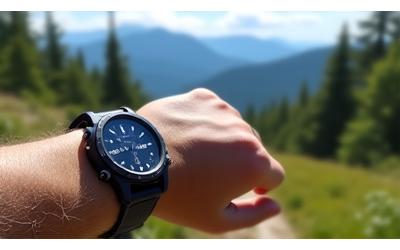 A sports watch on a wrist during an outdoor adventure, like hiking with nature in the background