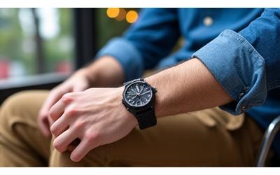 A man with a casual weekend outfit and a sporty watch in an urban cafe